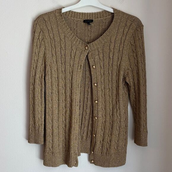 Talbots Gold metallic holiday Cable Knit sparkle Cardigan sweater Women’s large - Picture 1 of 9
